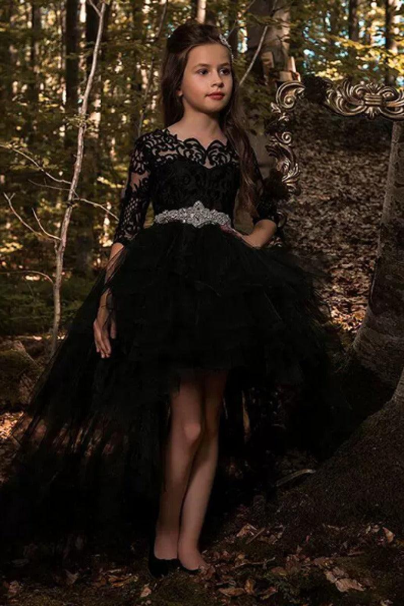 High-Low Heart Illusion Neck 3/4 Length Sleeve Tulle Flower Girl Dresses 575468179330 - 7 Days / Black / 2 - COCOMELODY